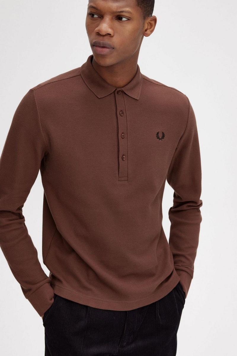 Fred Perry Honeycomb Bomull Long Sleeve Polo Shirt Polo T Skjorte Herre Brune | GNOUC22755