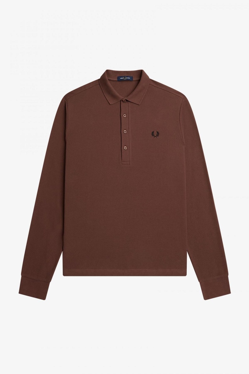 Fred Perry Honeycomb Bomull Long Sleeve Polo Shirt Polo T Skjorte Herre Brune | GNOUC22755