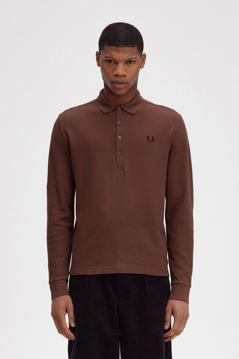 Fred Perry Honeycomb Bomull Long Sleeve Polo Shirt Polo T Skjorte Herre Brune | GNOUC22755