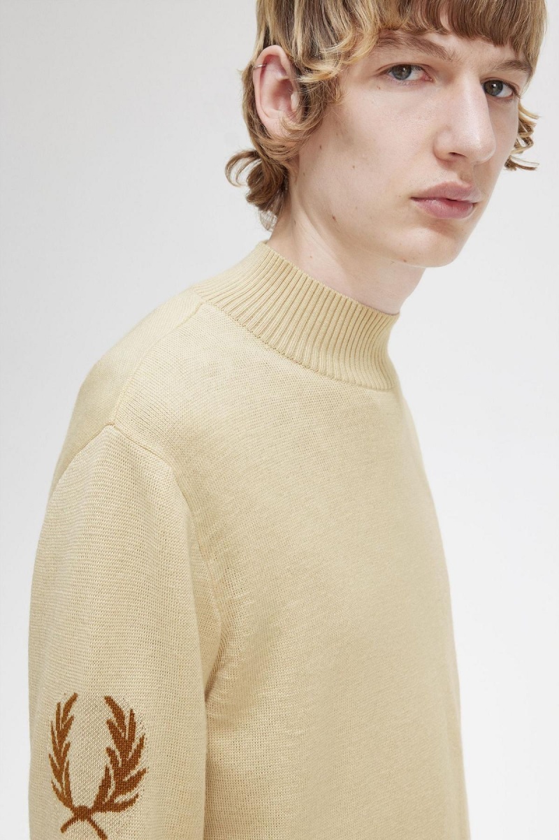 Fred Perry Laurel Wreath Mock Neck Jumper Strikkevarer Herre Oatmeal | UNOND37892