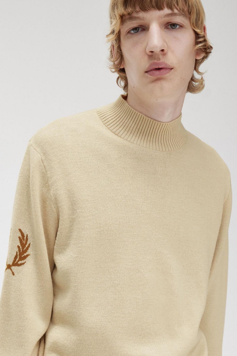 Fred Perry Laurel Wreath Mock Neck Jumper Strikkevarer Herre Oatmeal | UNOND37892