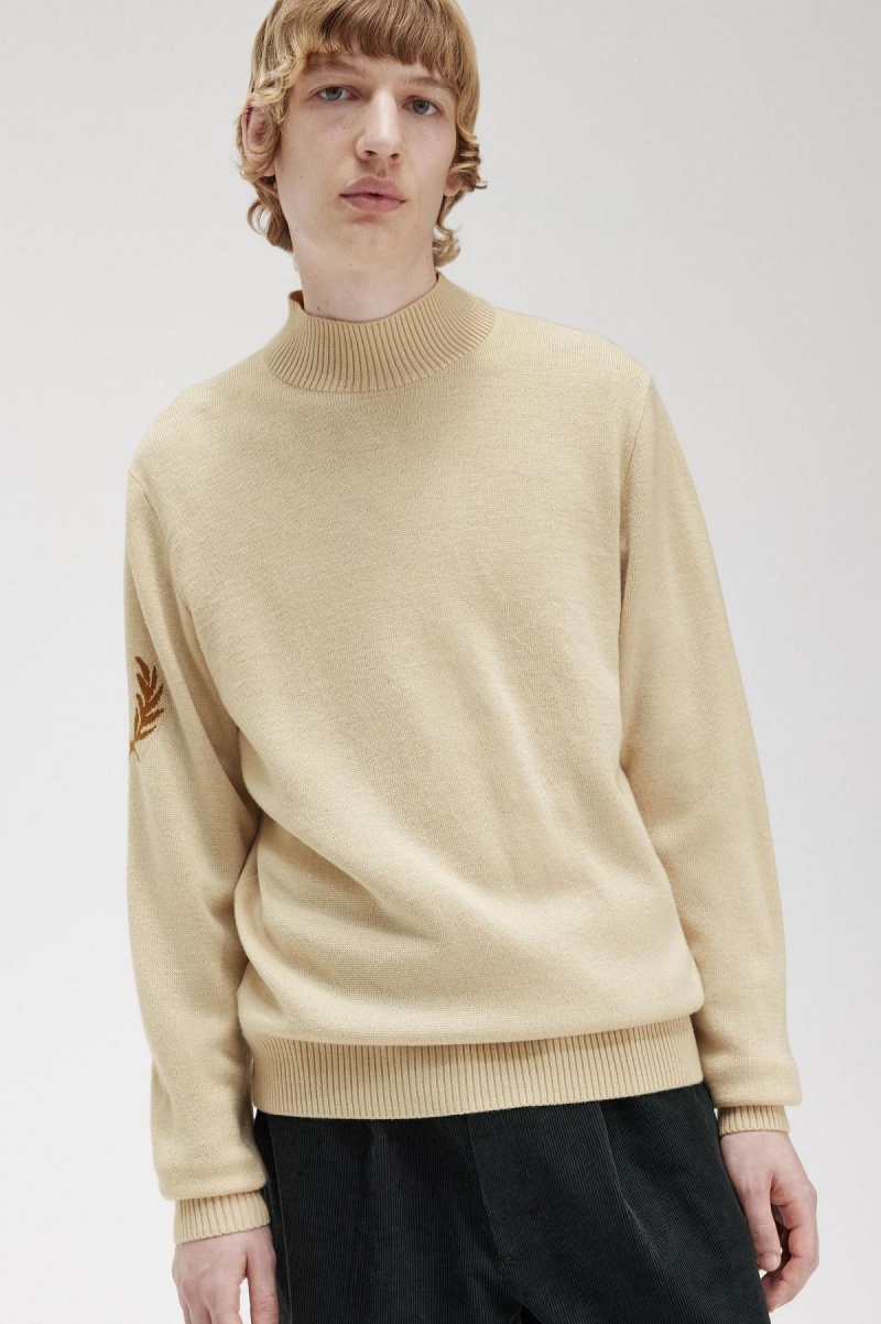 Fred Perry Laurel Wreath Mock Neck Jumper Strikkevarer Herre Oatmeal | UNOND37892