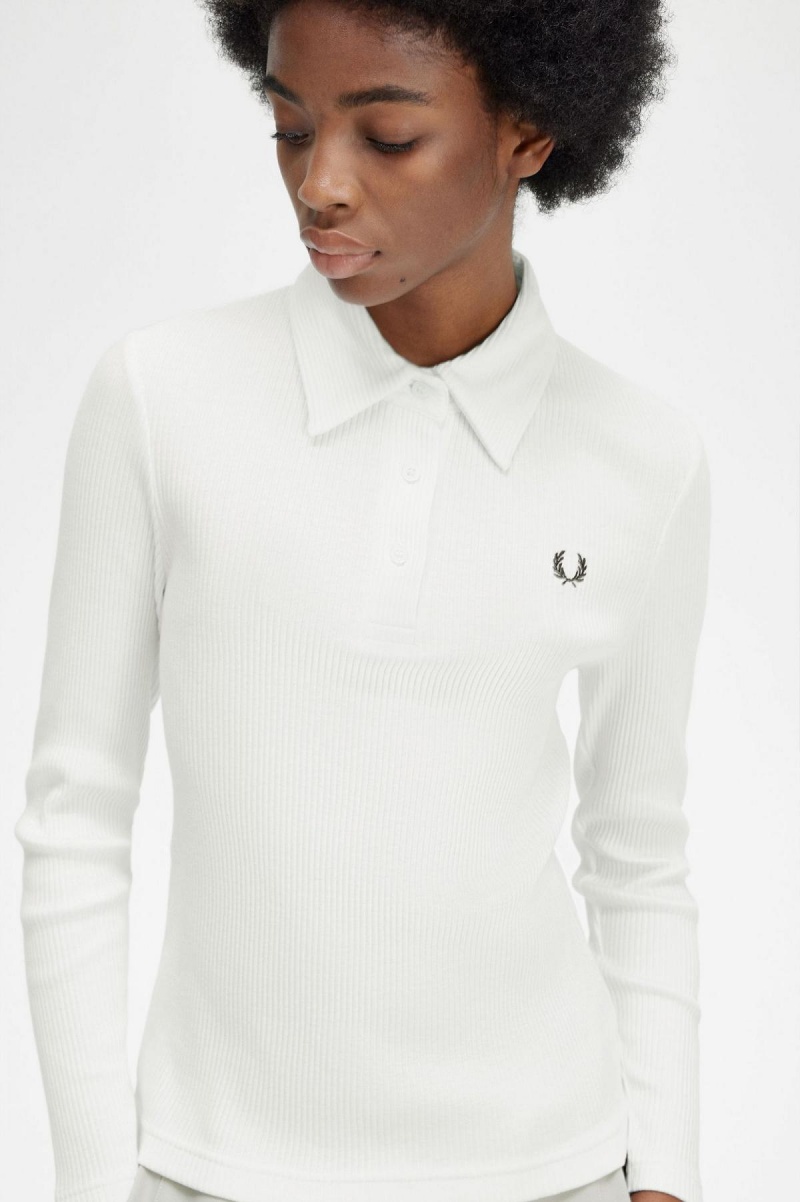 Fred Perry Long Sleeve Ribbet Polo T Skjorte Dame Hvite | NODYB58405