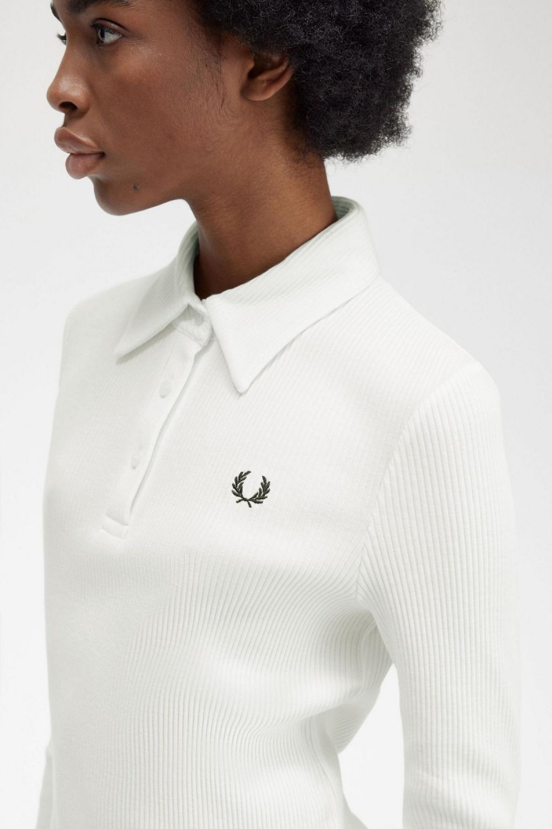 Fred Perry Long Sleeve Ribbet Polo T Skjorte Dame Hvite | NODYB58405