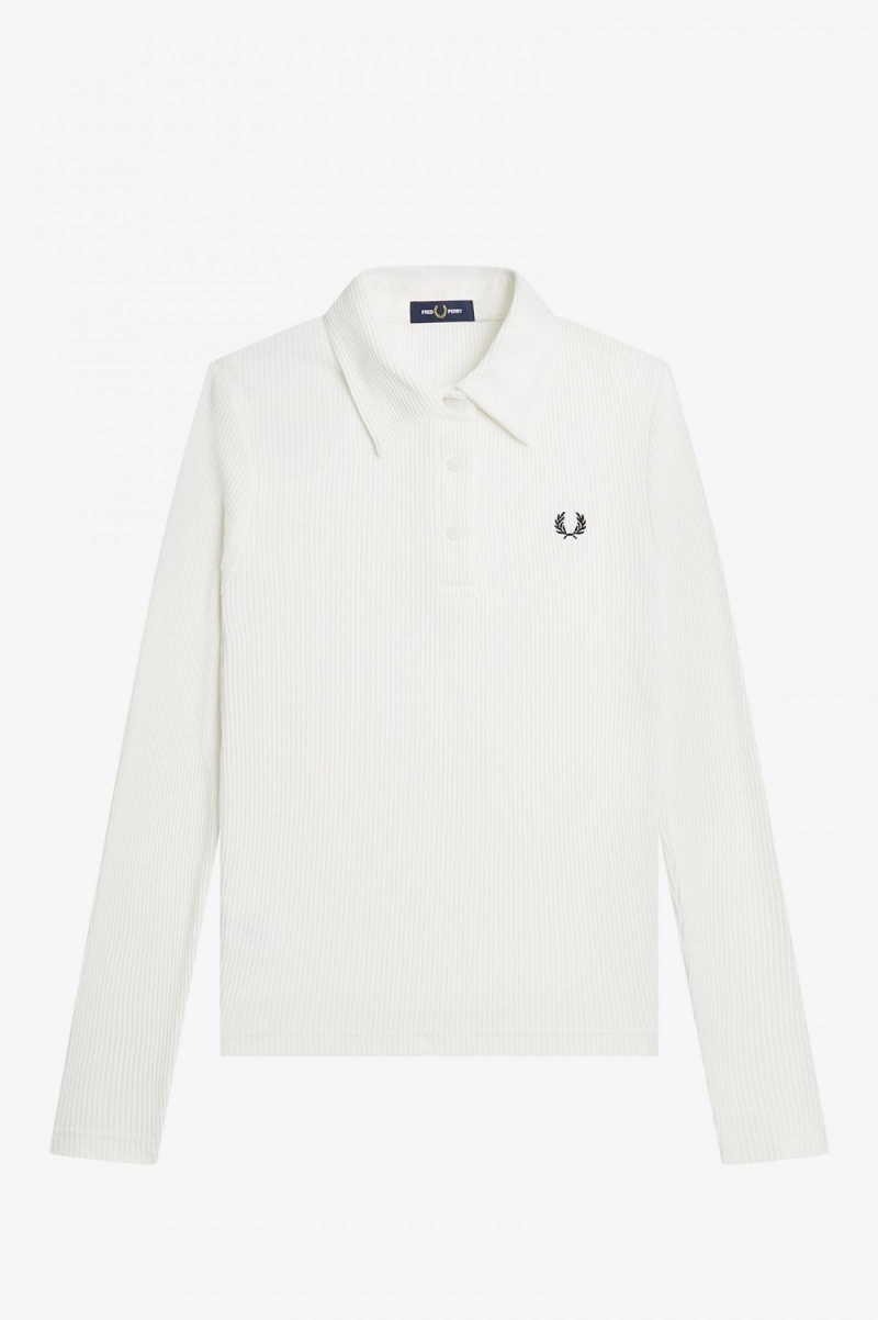 Fred Perry Long Sleeve Ribbet Polo T Skjorte Dame Hvite | NODYB58405