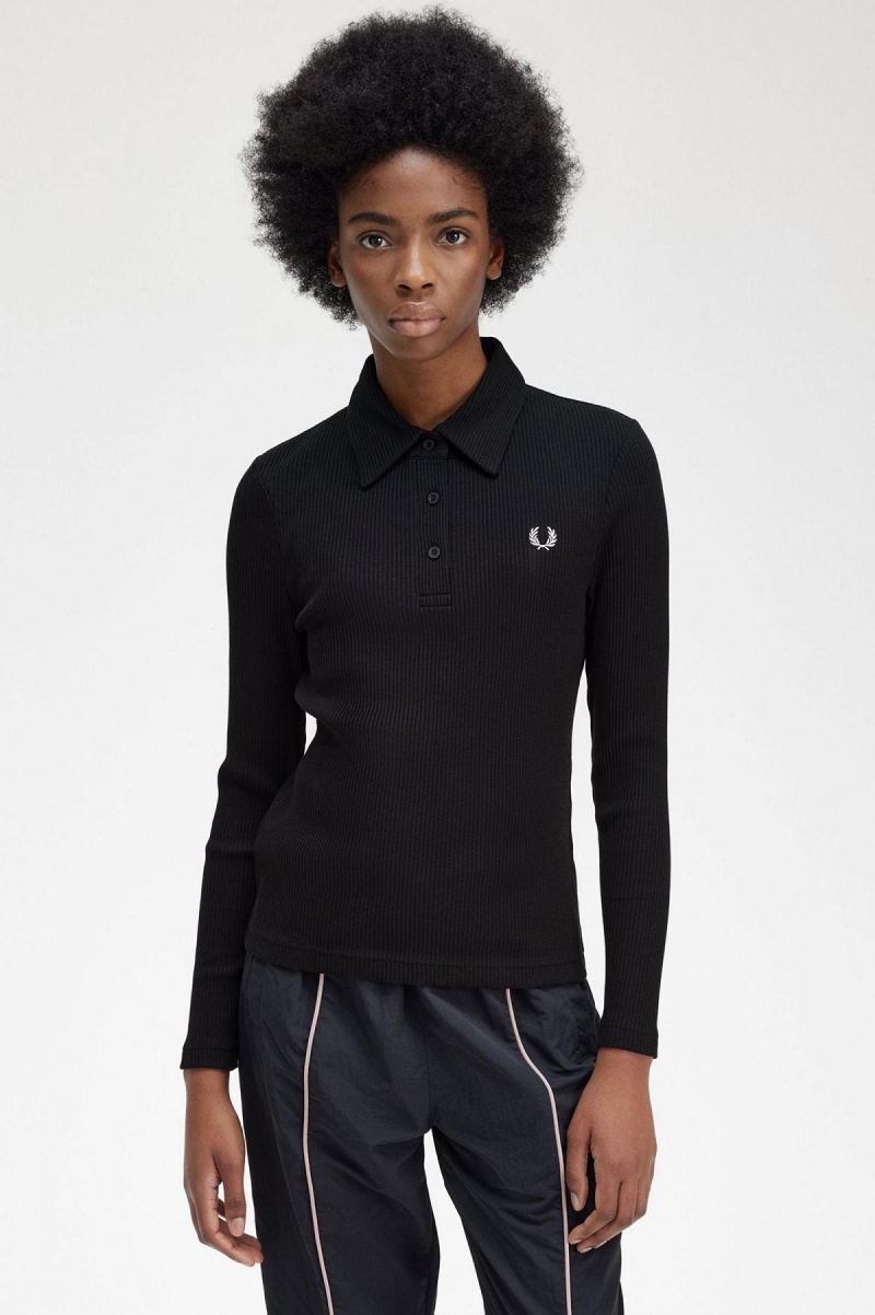 Fred Perry Long Sleeve Ribbet Polo T Skjorte Dame Svarte | DNOVO82068