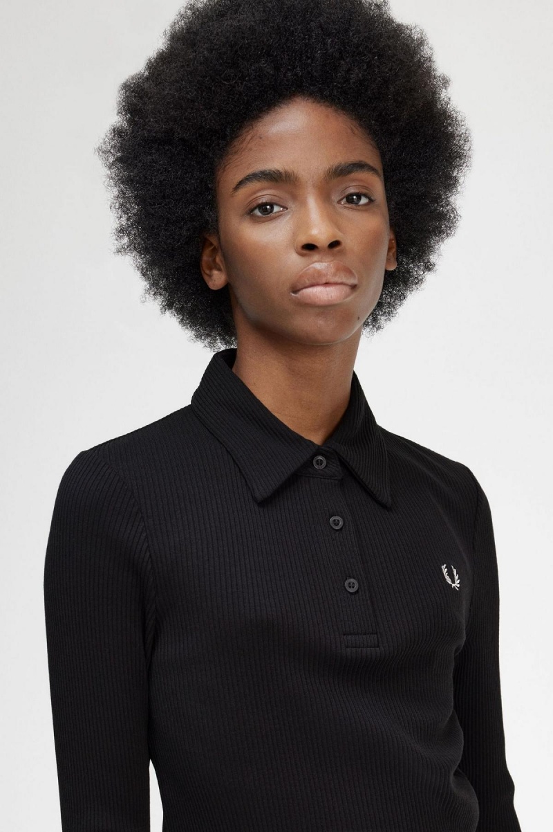 Fred Perry Long Sleeve Ribbet Polo T Skjorte Dame Svarte | DNOVO82068