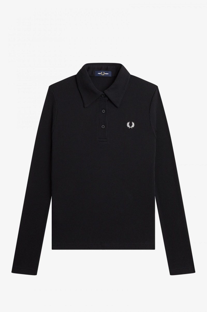 Fred Perry Long Sleeve Ribbet Polo T Skjorte Dame Svarte | DNOVO82068