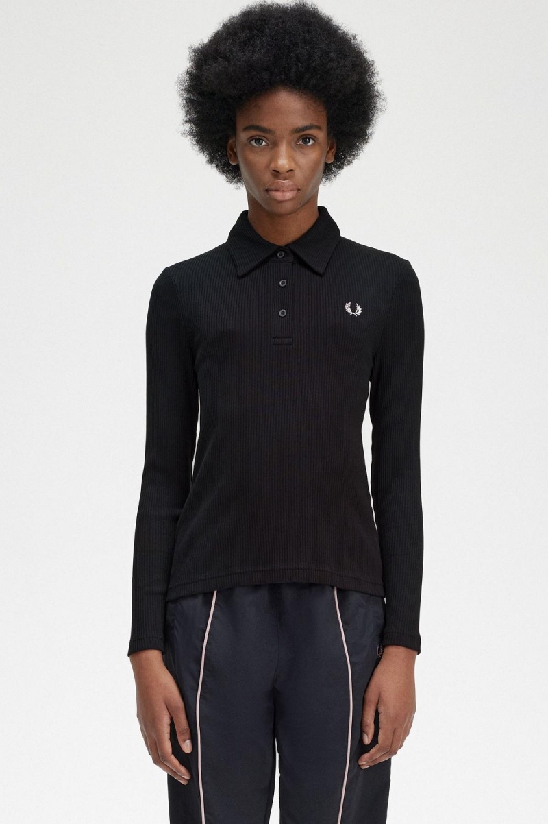 Fred Perry Long Sleeve Ribbet Polo T Skjorte Dame Svarte | DNOVO82068