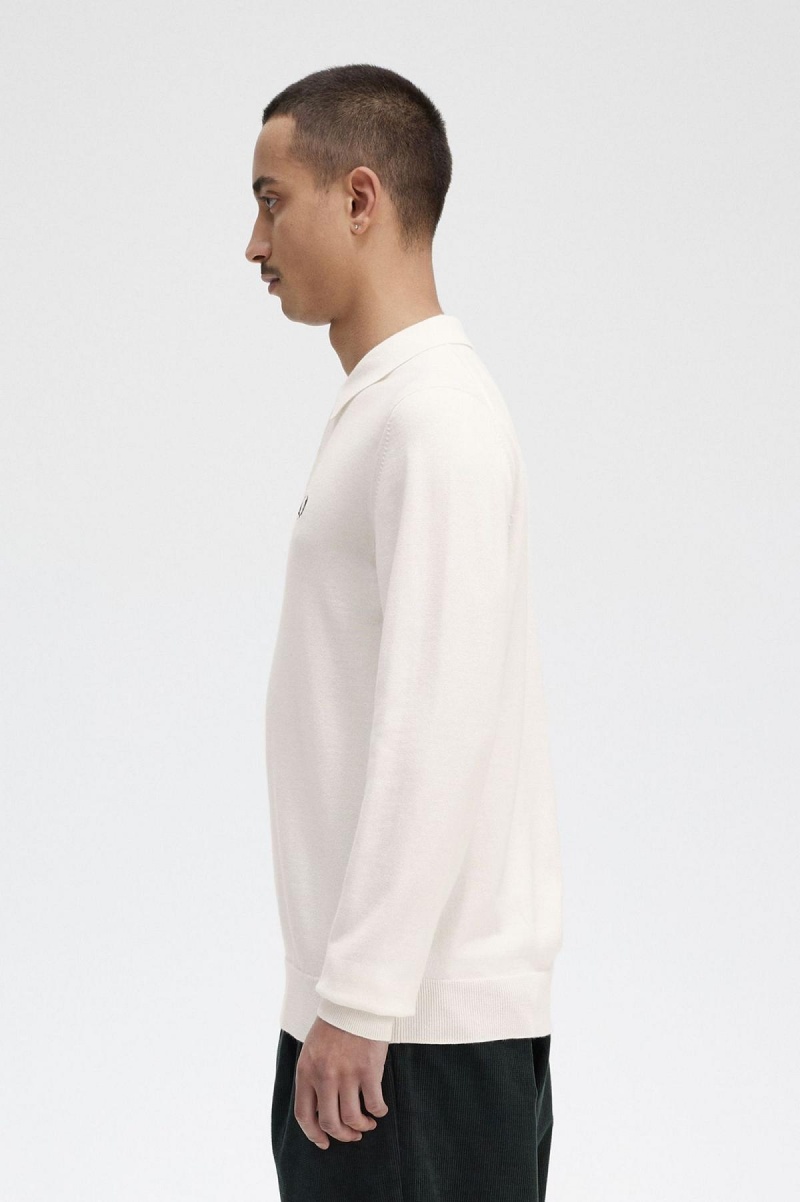 Fred Perry Long Sleeve Strikket Shirt Strikkevarer Herre Ecru | NOIIZ94576