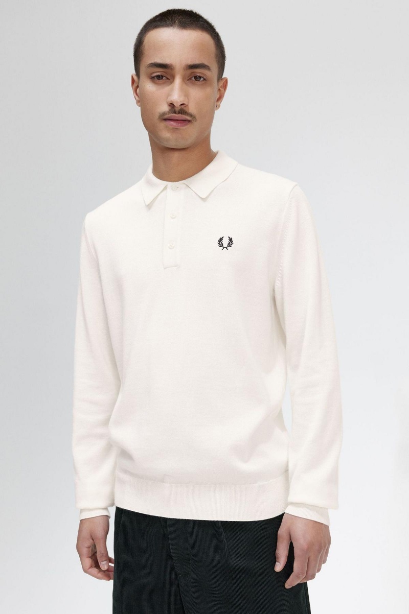 Fred Perry Long Sleeve Strikket Shirt Strikkevarer Herre Ecru | NOIIZ94576