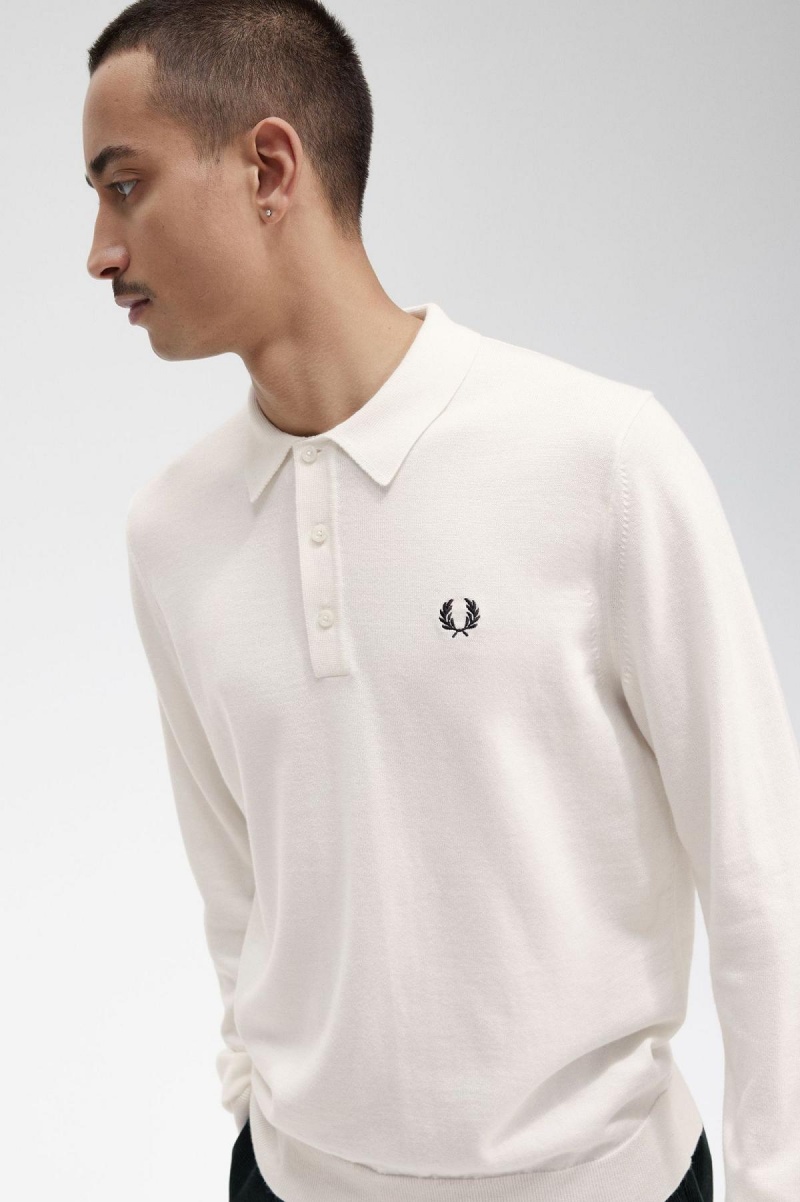 Fred Perry Long Sleeve Strikket Shirt Strikkevarer Herre Ecru | NOIIZ94576