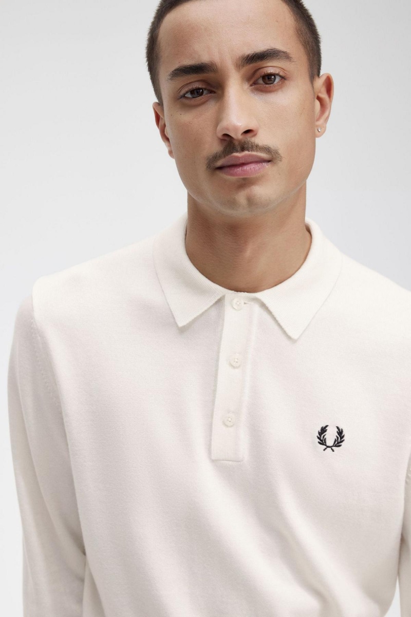 Fred Perry Long Sleeve Strikket Shirt Strikkevarer Herre Ecru | NOIIZ94576