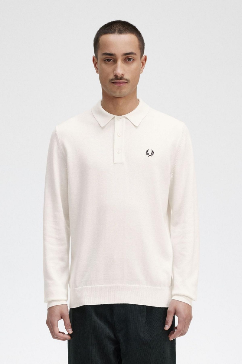 Fred Perry Long Sleeve Strikket Shirt Strikkevarer Herre Ecru | NOIIZ94576