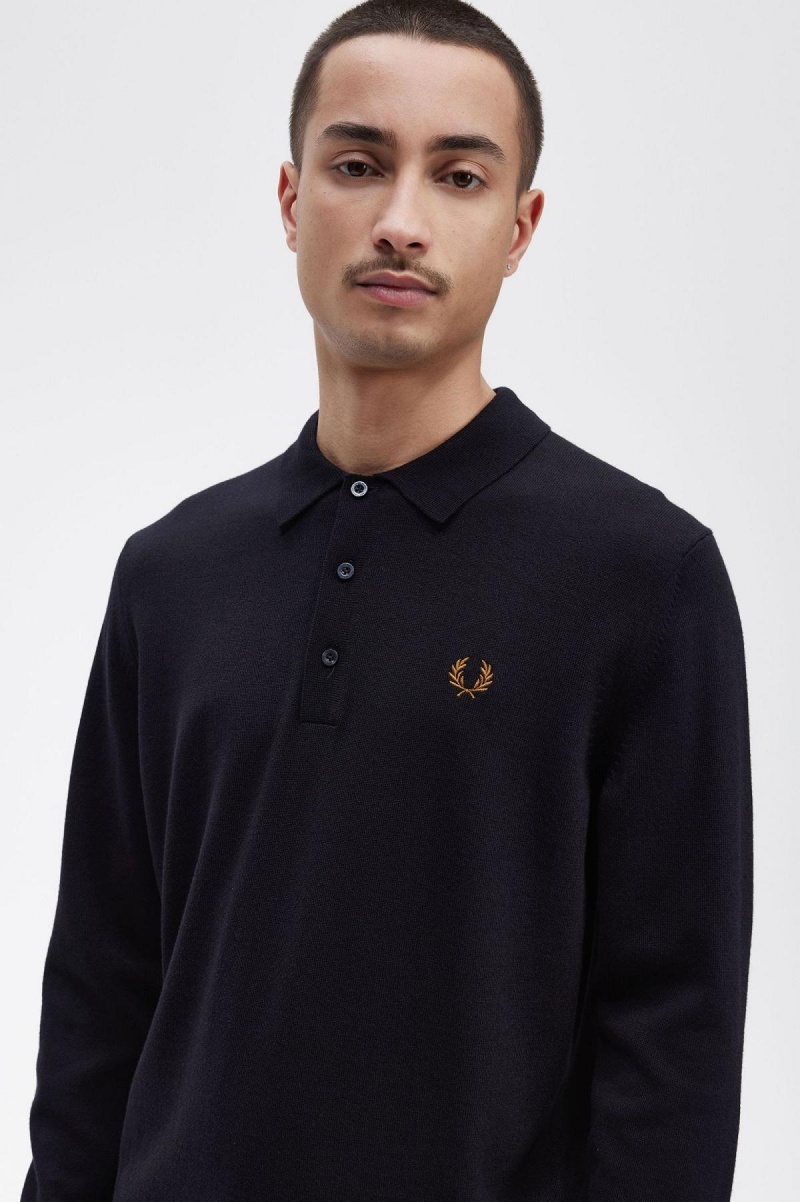 Fred Perry Long Sleeve Strikket Shirt Strikkevarer Herre Marineblå | PNOER35909