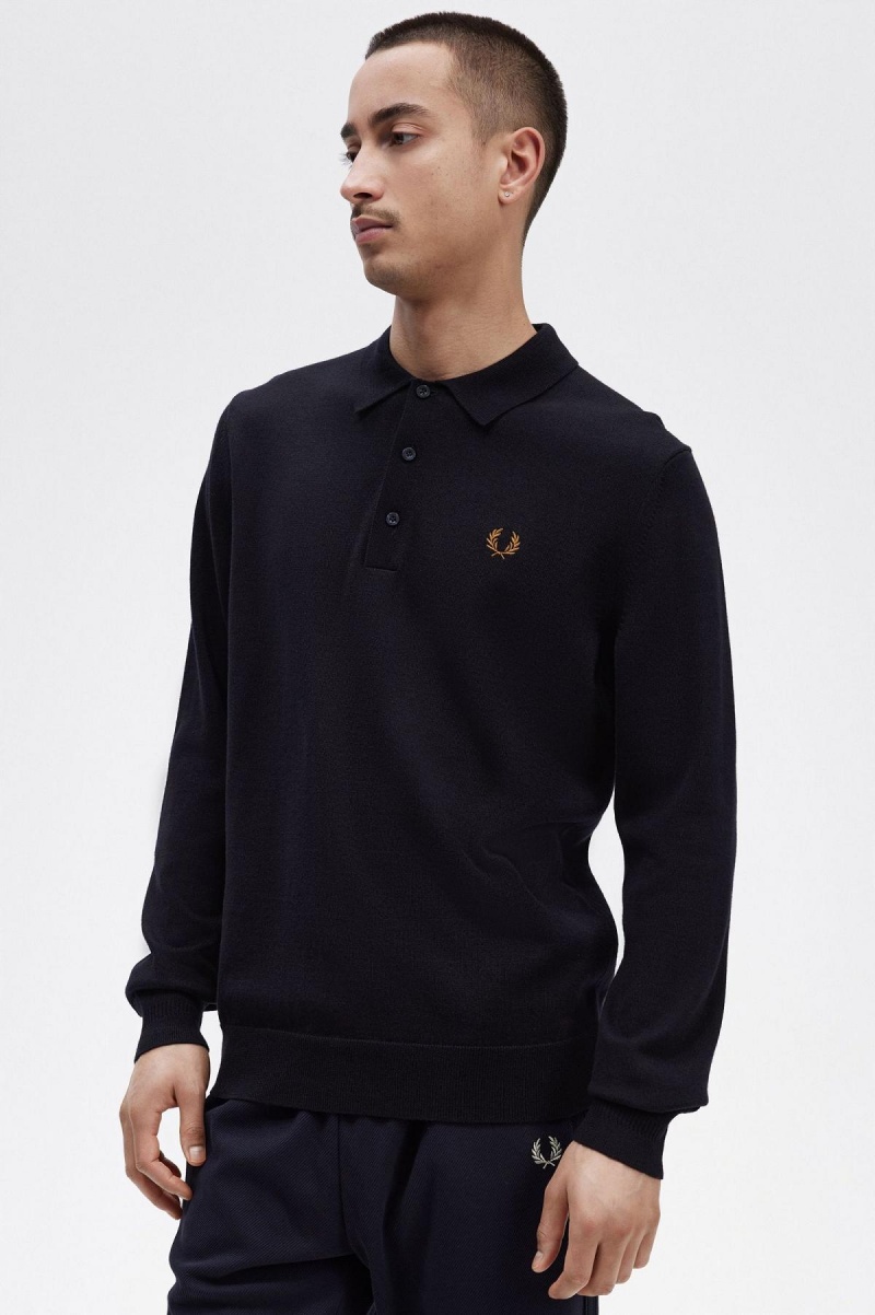 Fred Perry Long Sleeve Strikket Shirt Strikkevarer Herre Marineblå | PNOER35909