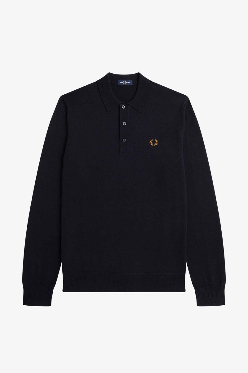 Fred Perry Long Sleeve Strikket Shirt Strikkevarer Herre Marineblå | PNOER35909