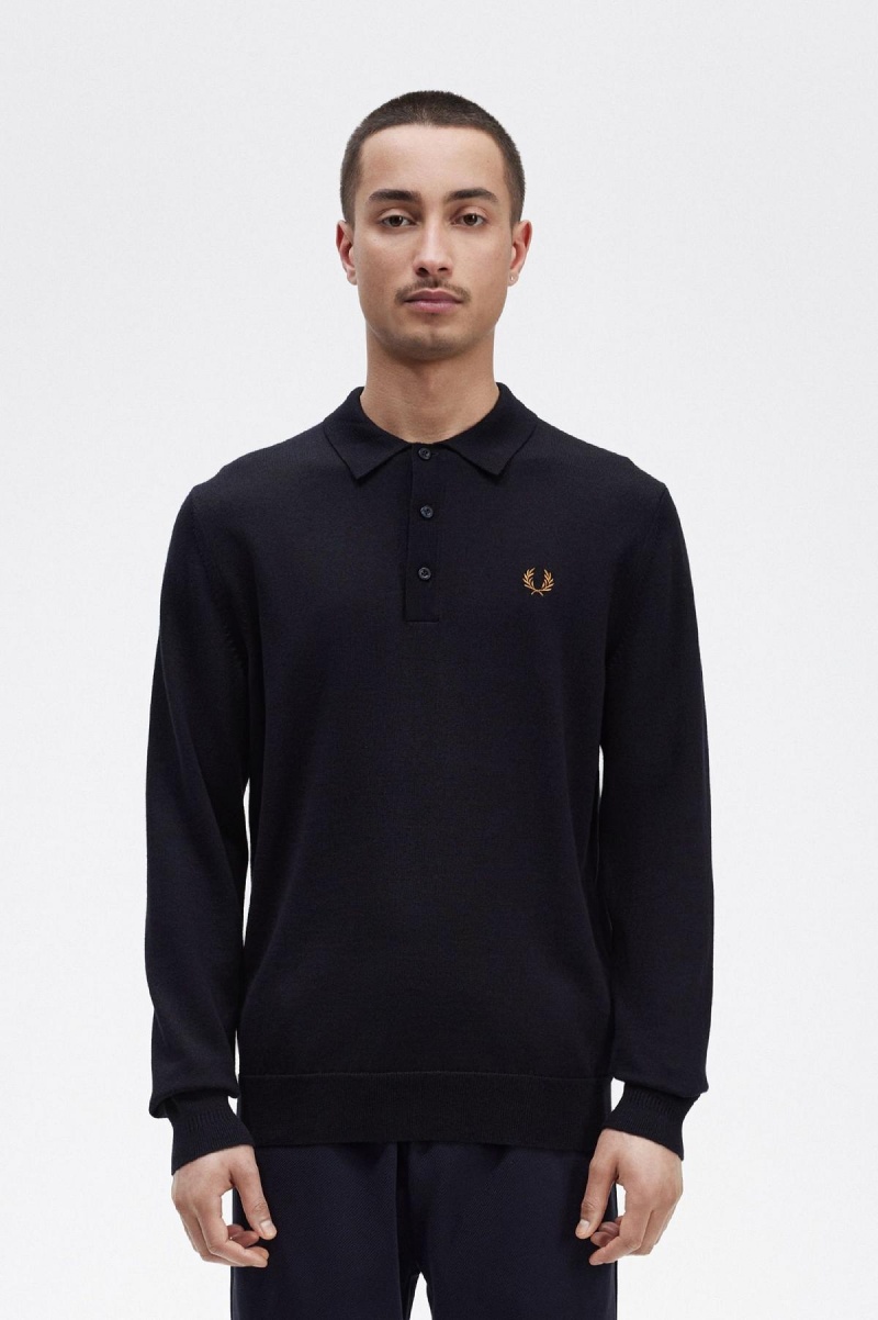 Fred Perry Long Sleeve Strikket Shirt Strikkevarer Herre Marineblå | PNOER35909