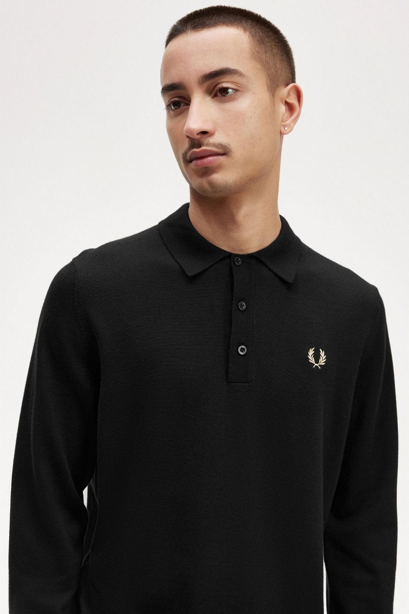 Fred Perry Long Sleeve Strikket Shirt Strikkevarer Herre Svarte | YNOVQ40913