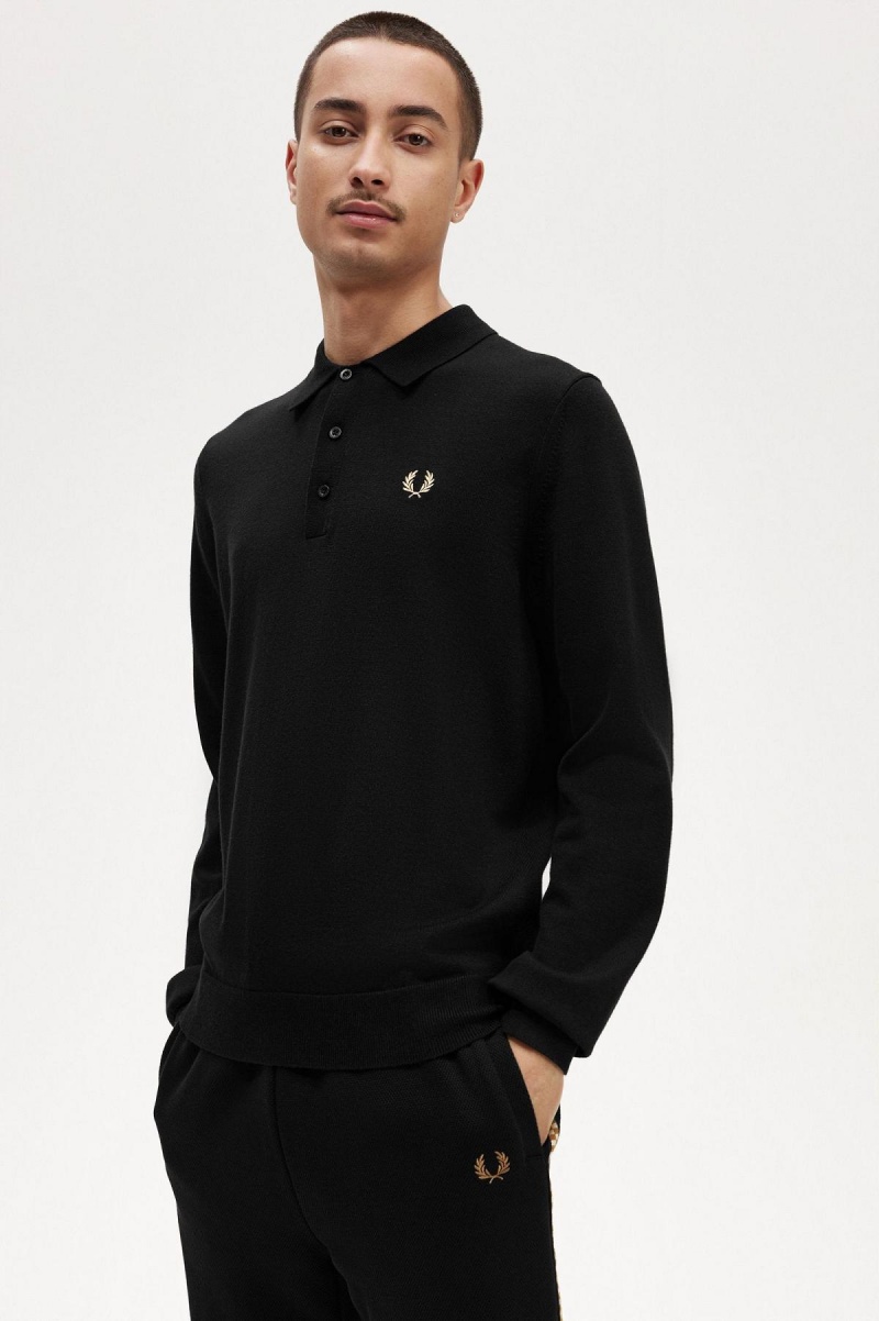 Fred Perry Long Sleeve Strikket Shirt Strikkevarer Herre Svarte | YNOVQ40913