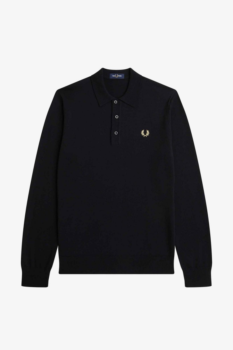 Fred Perry Long Sleeve Strikket Shirt Strikkevarer Herre Svarte | YNOVQ40913