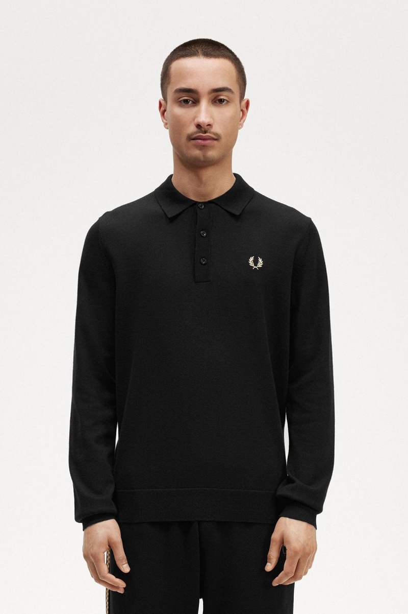 Fred Perry Long Sleeve Strikket Shirt Strikkevarer Herre Svarte | YNOVQ40913