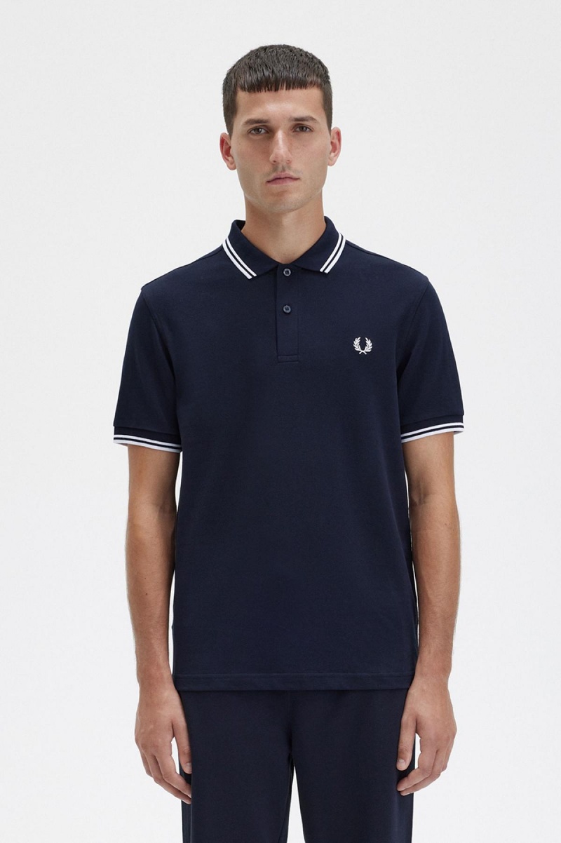 Fred Perry M3600 Fred Perry Shirt Herre Marineblå Hvite Hvite | YNOGT45517