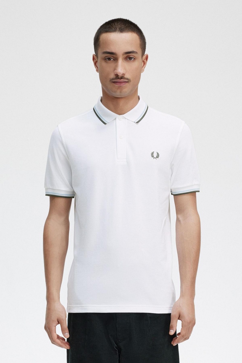 Fred Perry M3600 Fred Perry Shirt Herre Hvite Lyse Grønn | NODYB35361