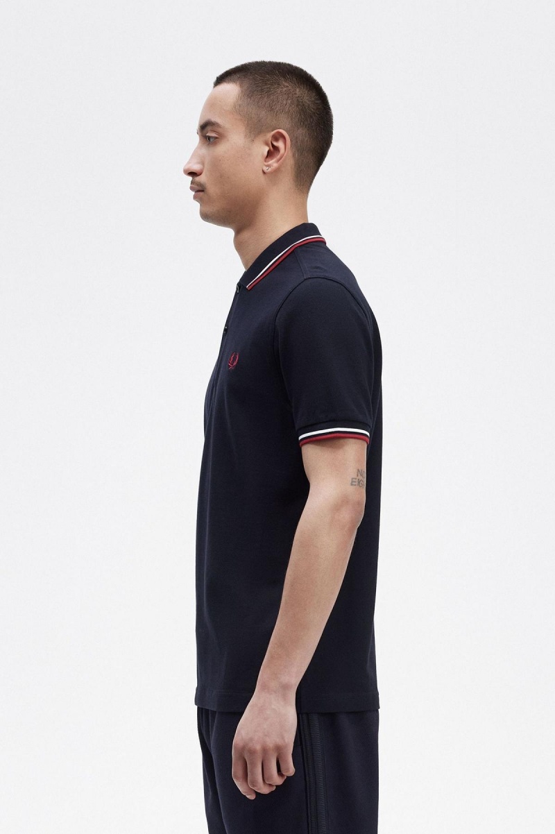 Fred Perry M3600 Fred Perry Shirt Herre Marineblå Hvite Rød | GNOUC35783