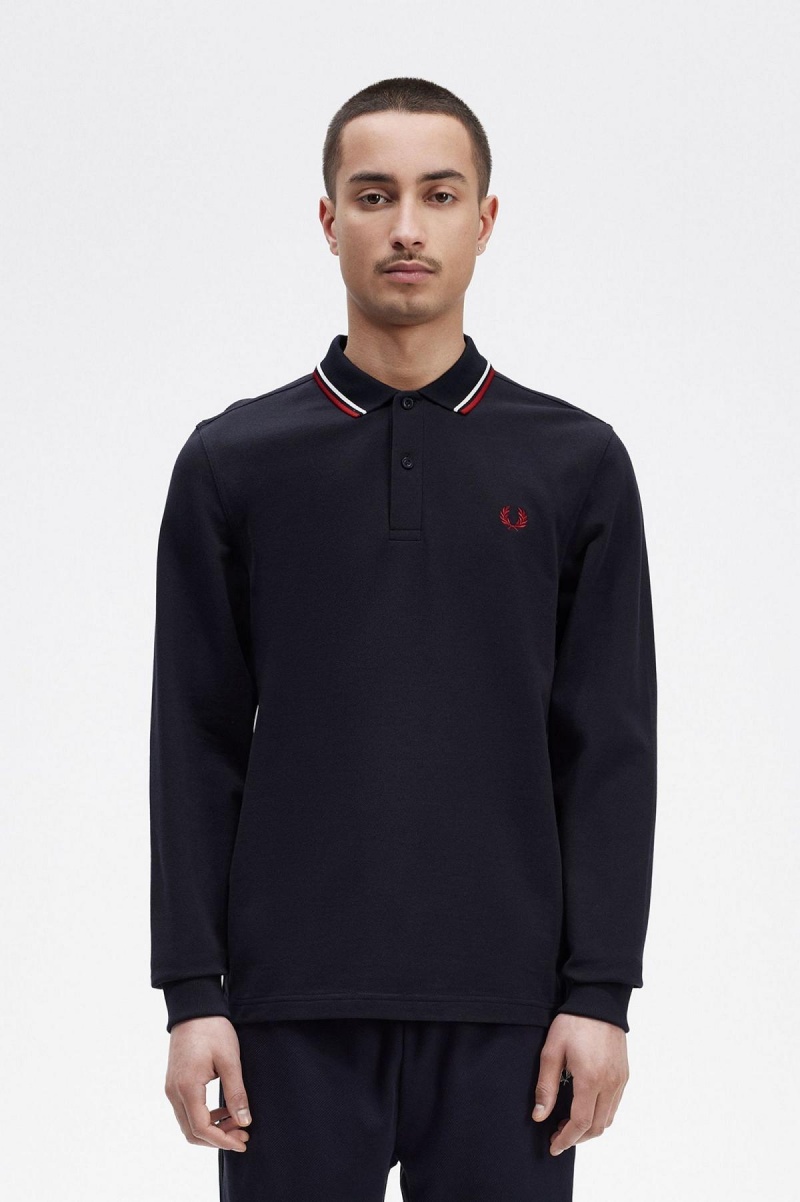 Fred Perry M3636 Polo T Skjorte Herre Marineblå Hvite Rød | FNOUI43093