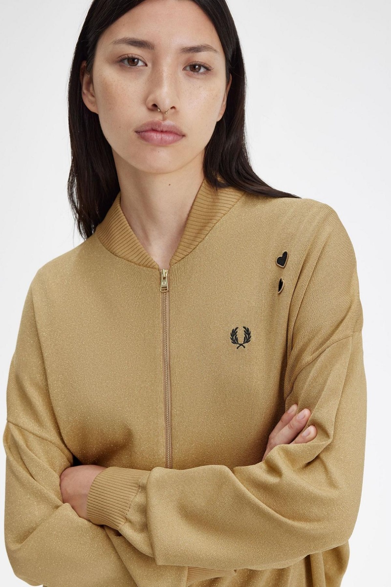 Fred Perry Metallic Strikket Bomber Frakker Dame Gull | PNOQX97370