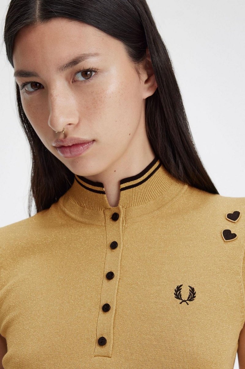 Fred Perry Metallic Strikket Kjole Dame Gull | NOXBR25958