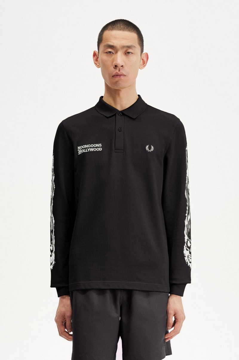 Fred Perry Noongoons Long Sleeve Grafiske Polo Shirt Polo T Skjorte Herre Svarte | NOCIF68143