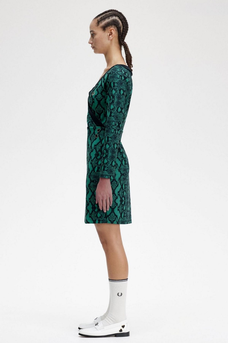 Fred Perry Off-the-Shoulder Snakeprint Kjole Dame Dyp Mint | DNOKV19292