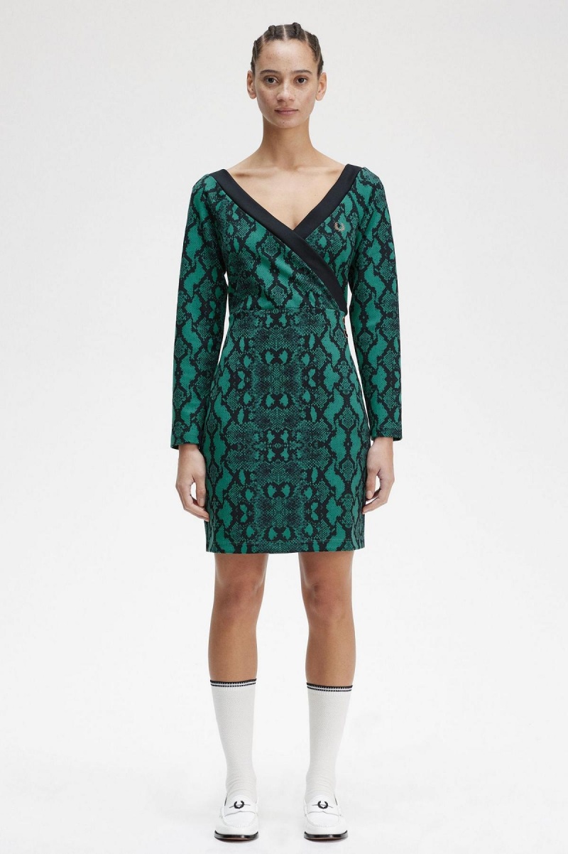 Fred Perry Off-the-Shoulder Snakeprint Kjole Dame Dyp Mint | DNOKV19292