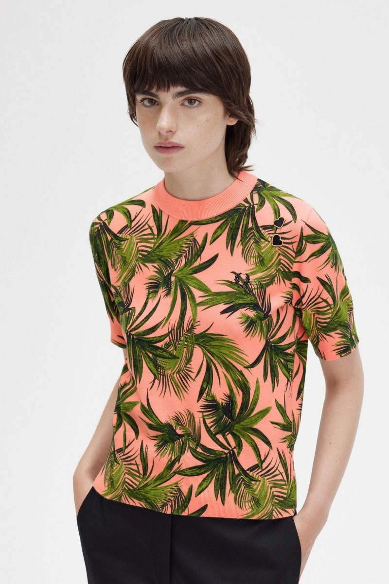 Fred Perry Palm Print Jumper Strikkevarer Dame Korall | NOICD17681