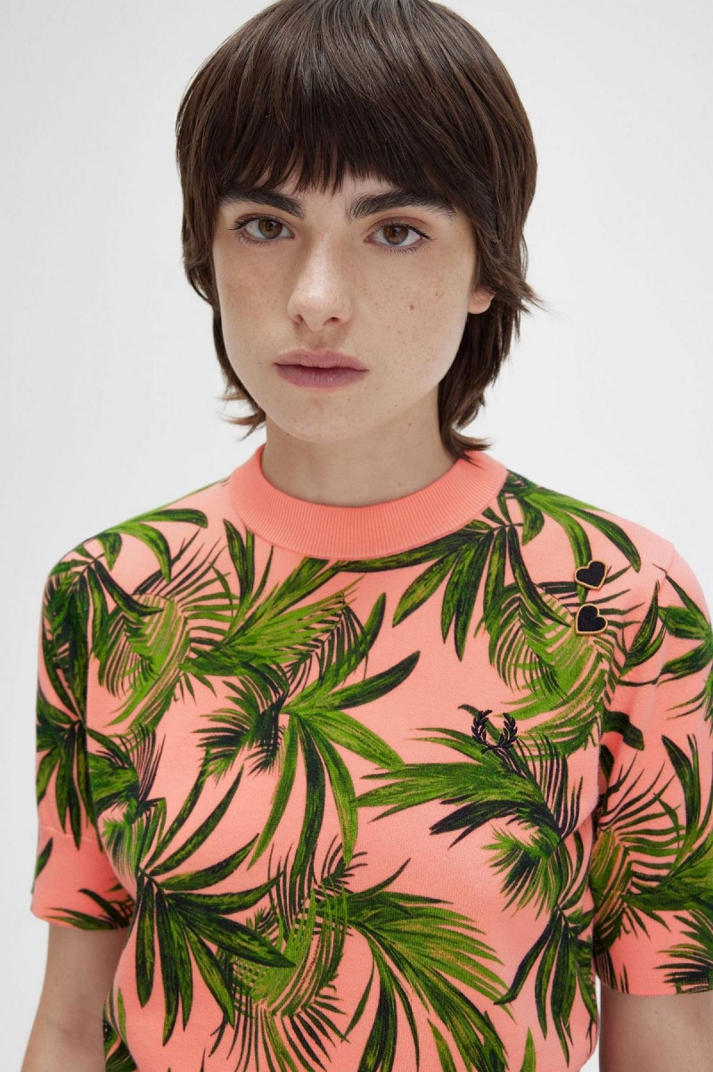 Fred Perry Palm Print Jumper Strikkevarer Dame Korall | NOICD17681