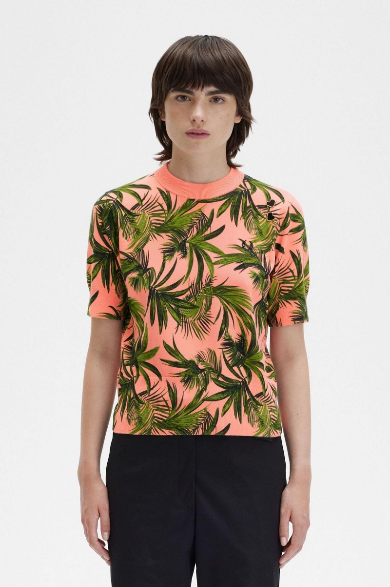 Fred Perry Palm Print Jumper Strikkevarer Dame Korall | NOICD17681