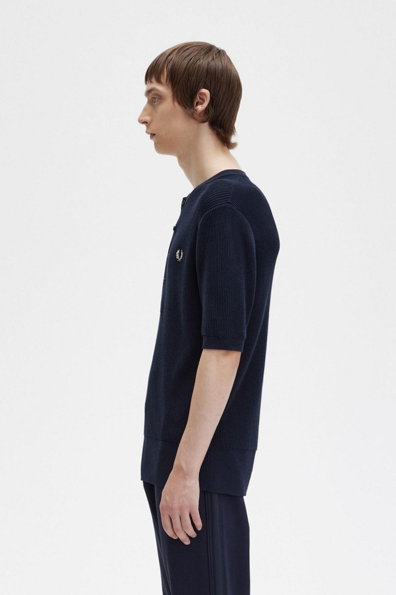 Fred Perry Ribbet Strikket Henley Top Strikkevarer Herre Marineblå | NOCVG79656