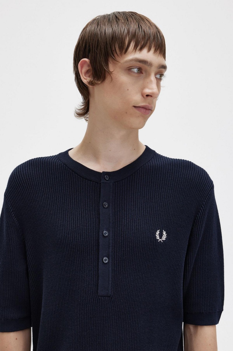 Fred Perry Ribbet Strikket Henley Top Strikkevarer Herre Marineblå | NOCVG79656