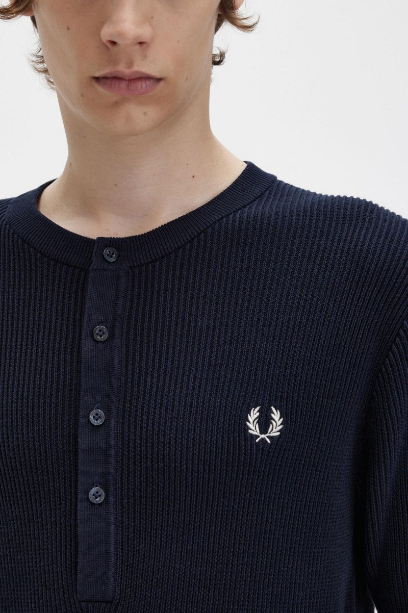 Fred Perry Ribbet Strikket Henley Top Strikkevarer Herre Marineblå | NOCVG79656