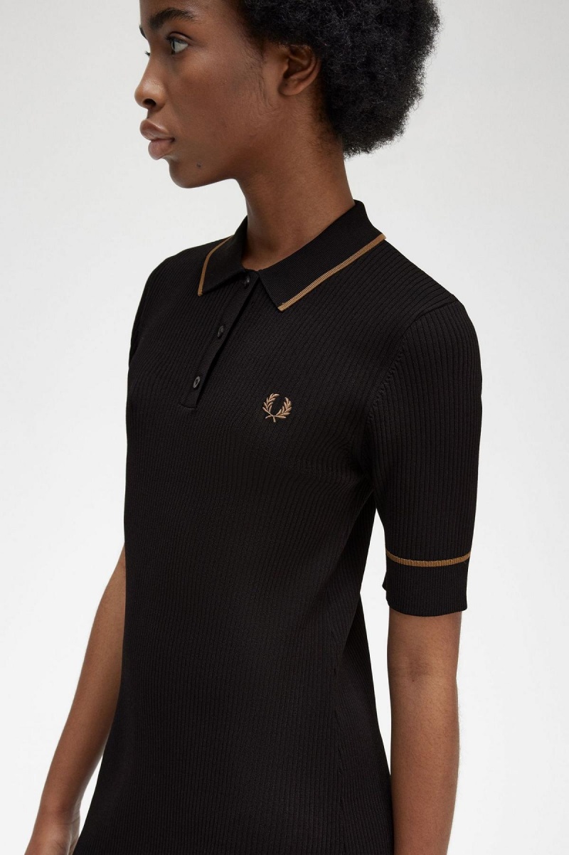 Fred Perry Ribbet Strikket Shirt Kjole Dame Svarte | ANOWC96864