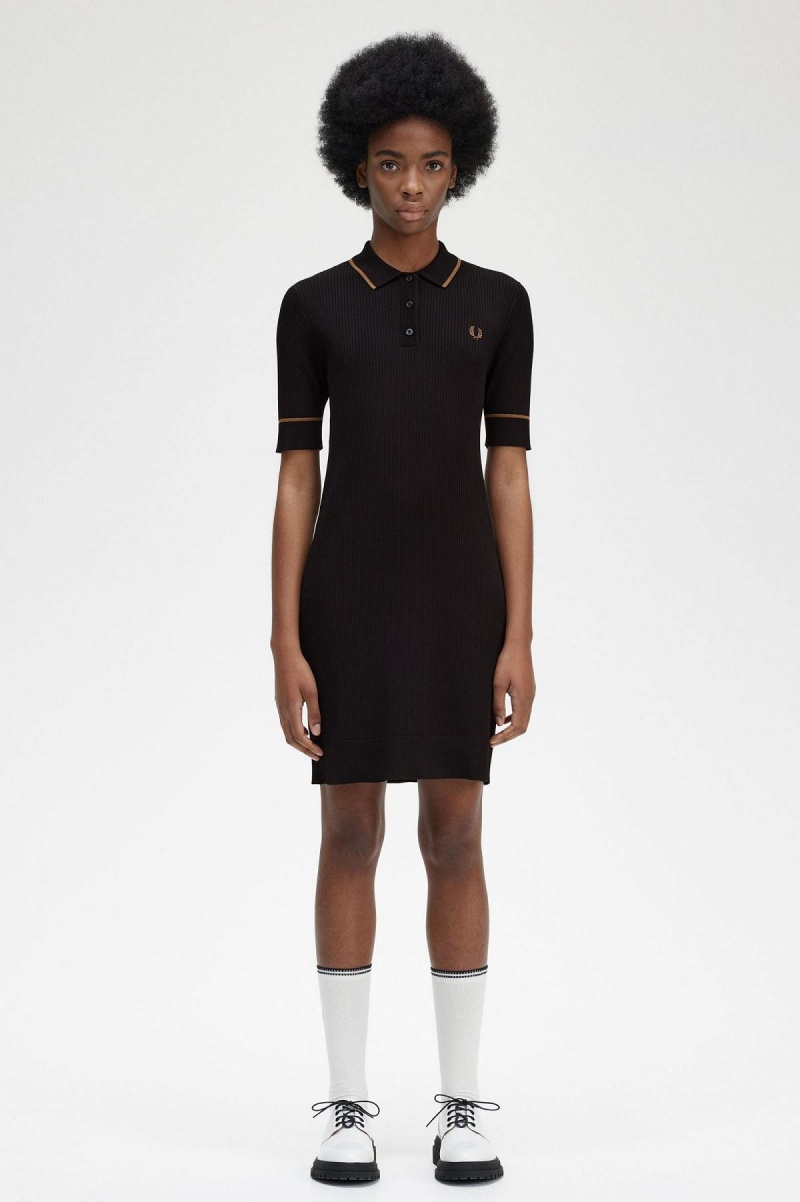 Fred Perry Ribbet Strikket Shirt Kjole Dame Svarte | ANOWC96864