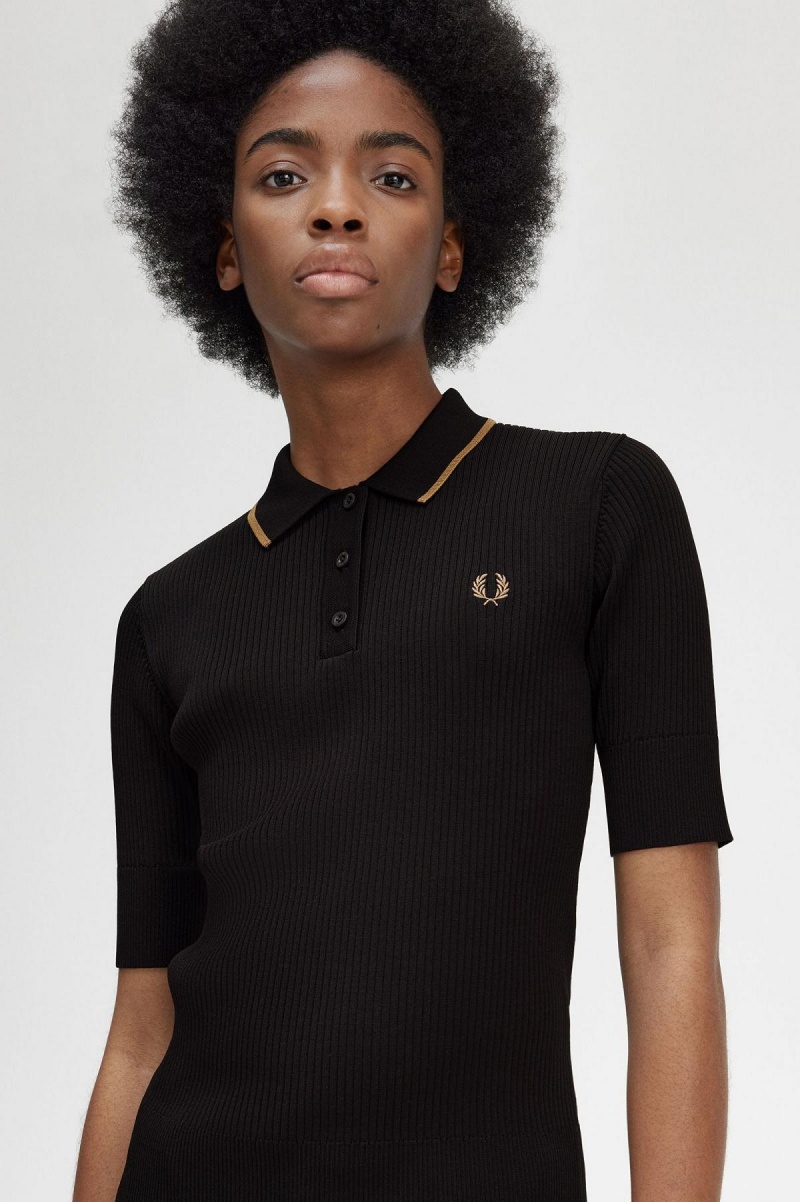 Fred Perry Ribbet Strikket Shirt Strikkevarer Dame Svarte | SNOVO41964