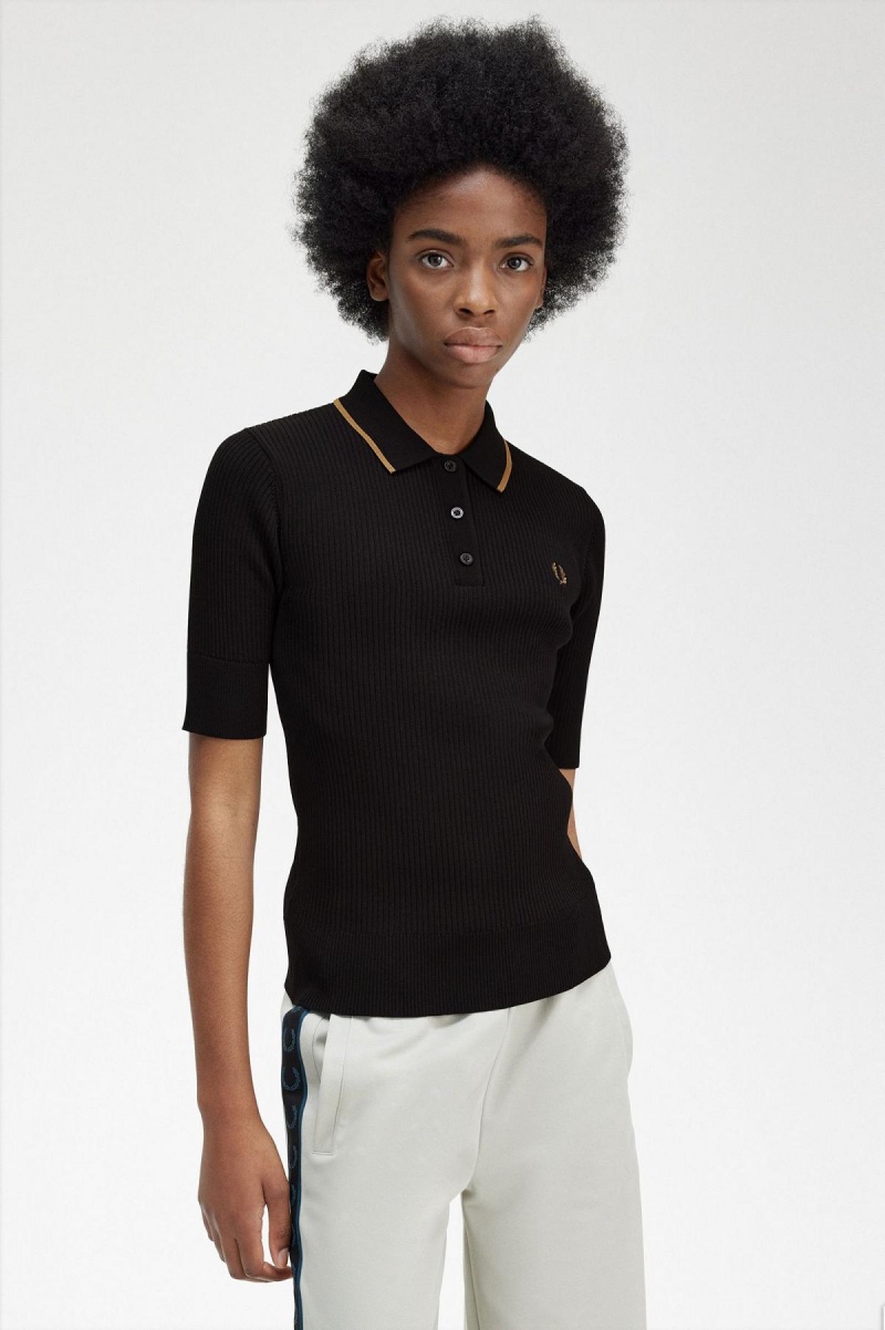 Fred Perry Ribbet Strikket Shirt Strikkevarer Dame Svarte | SNOVO41964