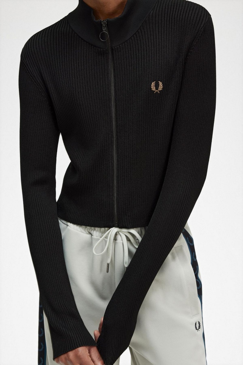 Fred Perry Ribbet Zip Through Jumper Strikkevarer Dame Svarte | ENOVG57989