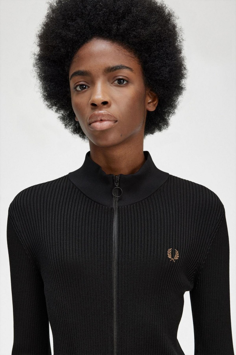 Fred Perry Ribbet Zip Through Jumper Strikkevarer Dame Svarte | ENOVG57989