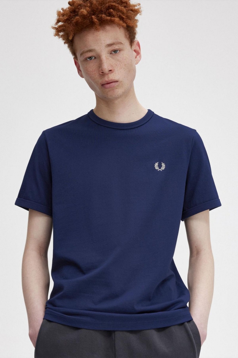 Fred Perry Ringer T-skjorte Herre Marineblå Hvite | LNOTR40354