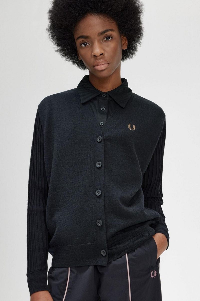 Fred Perry Sheer Sleeve Cardigan Strikkevarer Dame Svarte | NOJZR23386