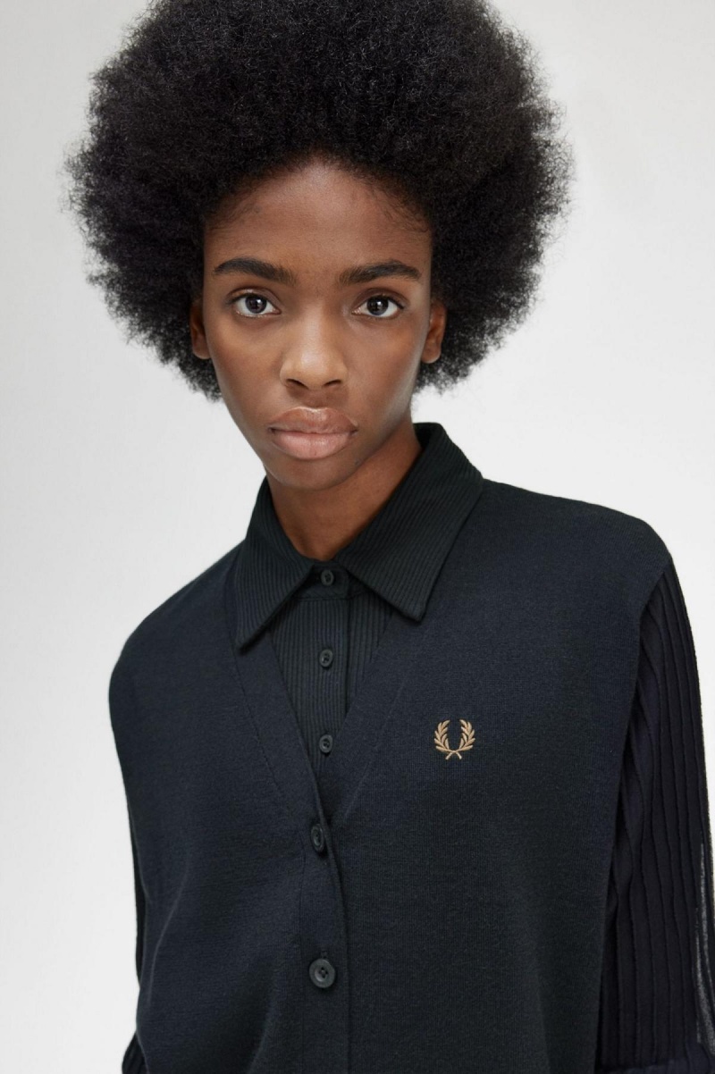 Fred Perry Sheer Sleeve Cardigan Strikkevarer Dame Svarte | NOJZR23386